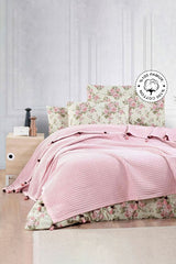 100% Cotton Double Size Waffle Pique Bedspread with Pompoms - Pink