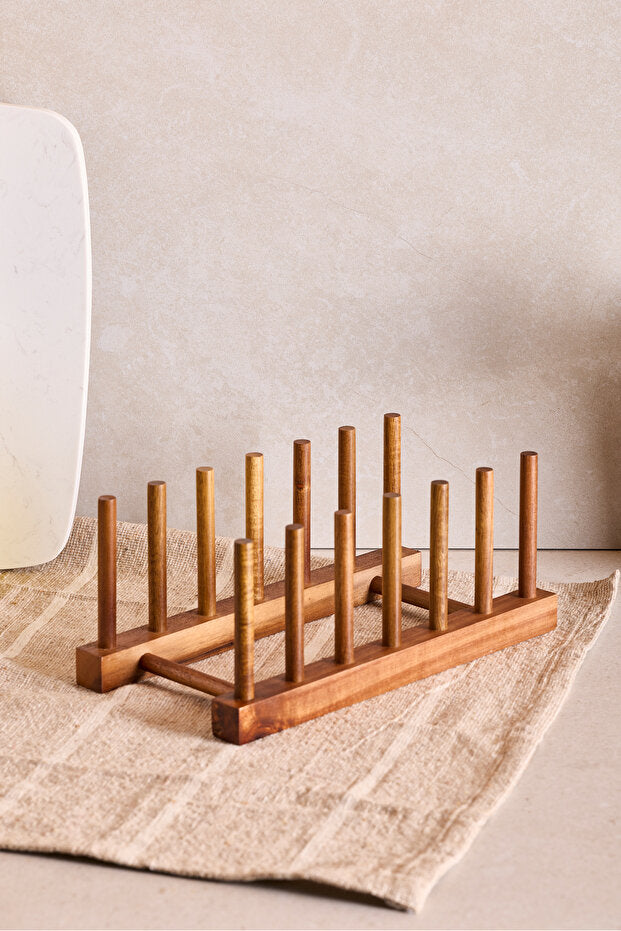 Acacia Wood 6-Compartment Plate Rack - Versatile Kitchen Organizer