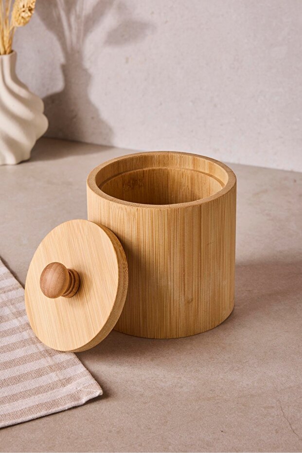 Natural Bamboo Spice Jar with Lid - 10x12 cm Kitchen Storage Container