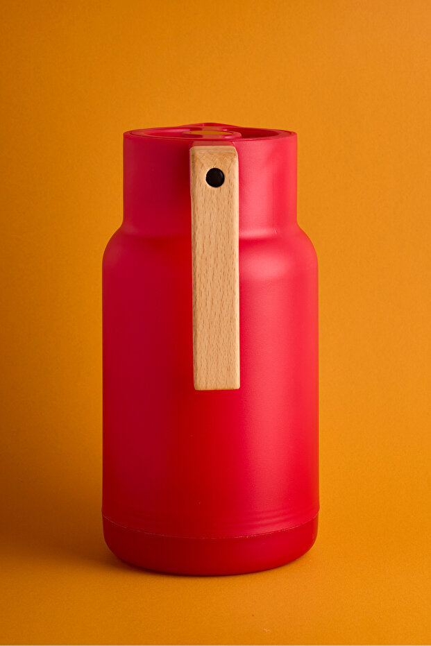 Nordic Bamboo Handle Glass Vacuum Thermos - 1000ml Red