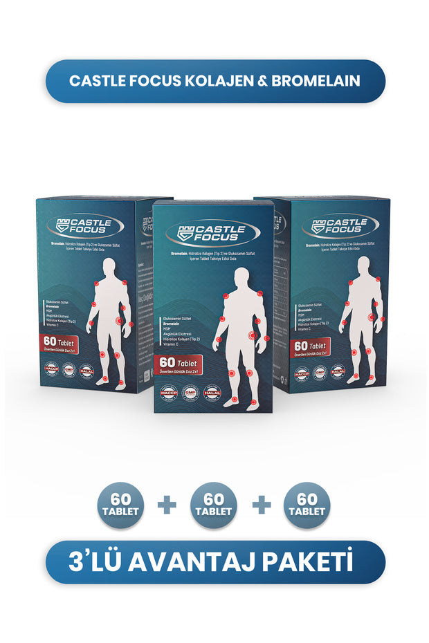 Collagen, Glucosamine, Bromelain - 60 Tablets x 3 for Joint Health