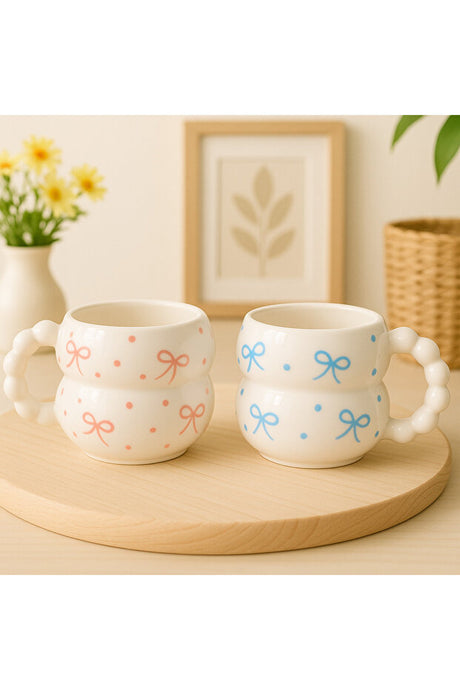 2-Piece Hand-Embroidered Ceramic Mugs with Bow & Polka Dot Design