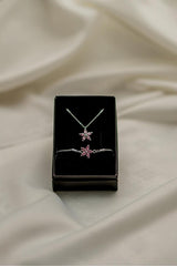 Pink Lotus Silver Necklace, Bracelet & Teddy Bear Gift Set