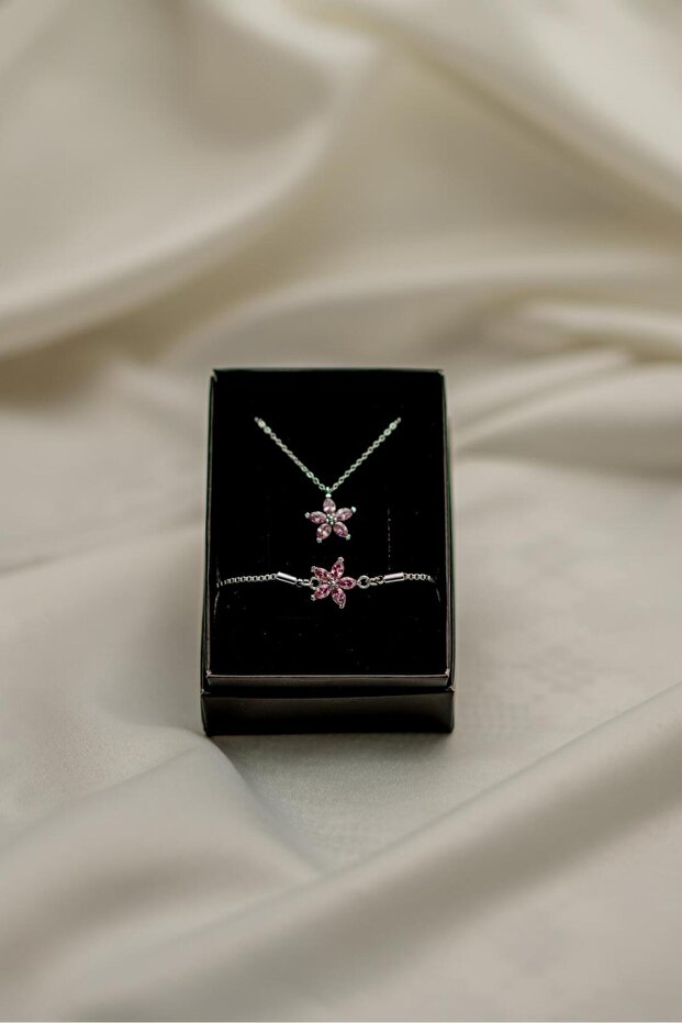 Pink Lotus Silver Necklace, Bracelet & Teddy Bear Gift Set