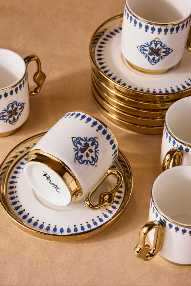 6 Person Porcelain Coffee Cup Set with Elegant Blue Tile Design