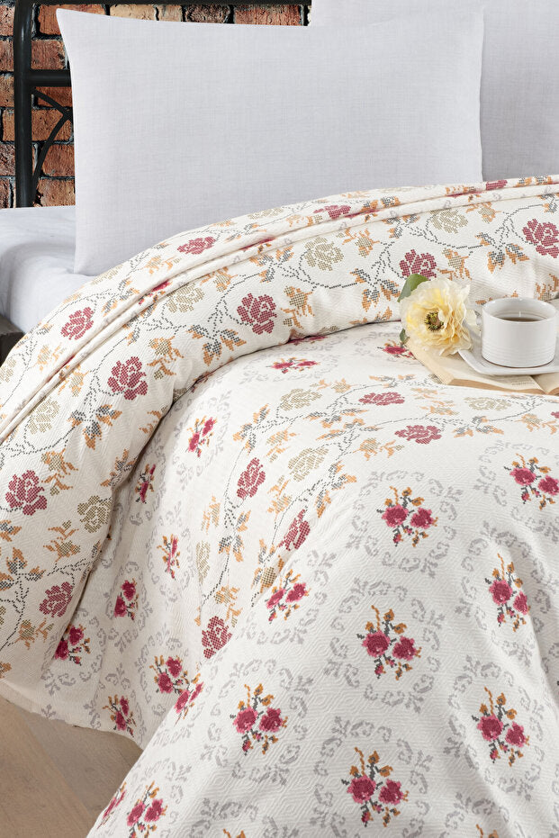 100% Cotton Double Bedspread - Kanaviçe Printed Pike
