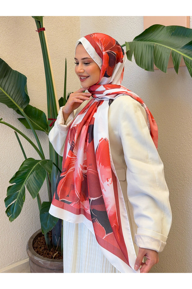 Retro Floral Cotton Soft Shawl - Red & White