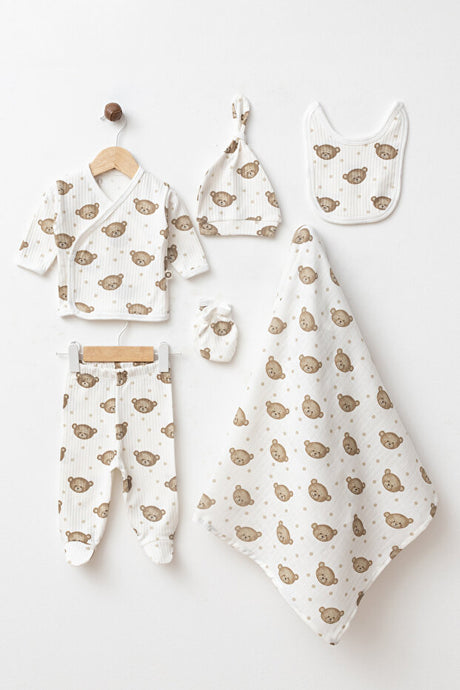 Teddy Bear Print 100% Cotton 6-Piece Muslin Newborn Hospital Set