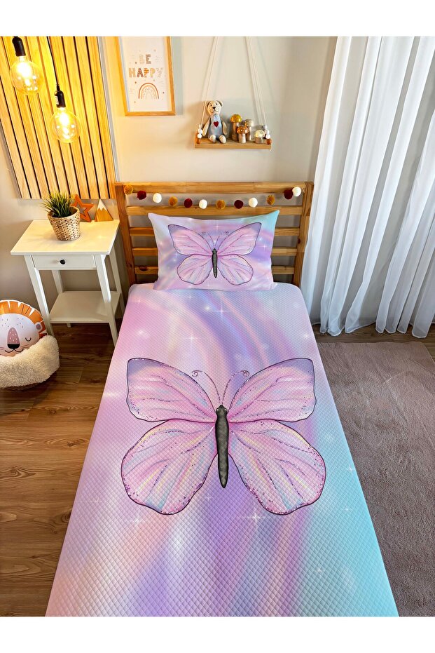 Butterfly Print Single Pique Set - Pink, 160x230cm, 2 Pieces