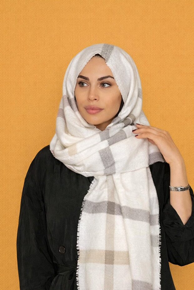 Cream Striped Acrylic Shawl & Scarf