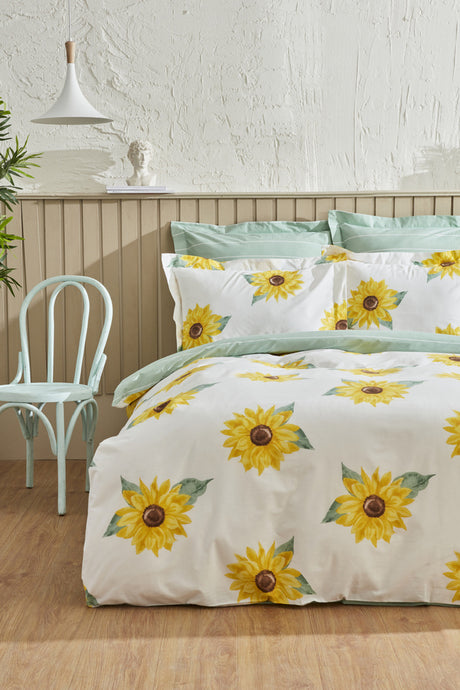 Conrad 100% Cotton Double Duvet Cover Set - Green Sunflowers