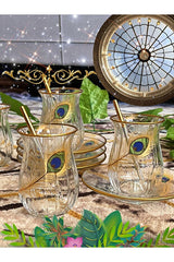 Elegant Clear Glass Tea Set - Gold-Rimmed Peacock Feather Design