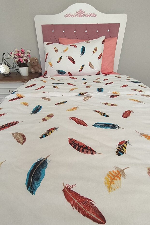 Single Duvet Cover Set - Feather Pattern & Fitted Sheet