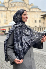 Soft Cotton Shawl - Black & Grey Paisley Pattern