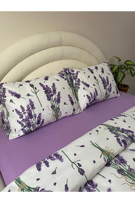 Double Duvet Cover Set - Lavender Pattern, 4-Piece Fitted Sheet