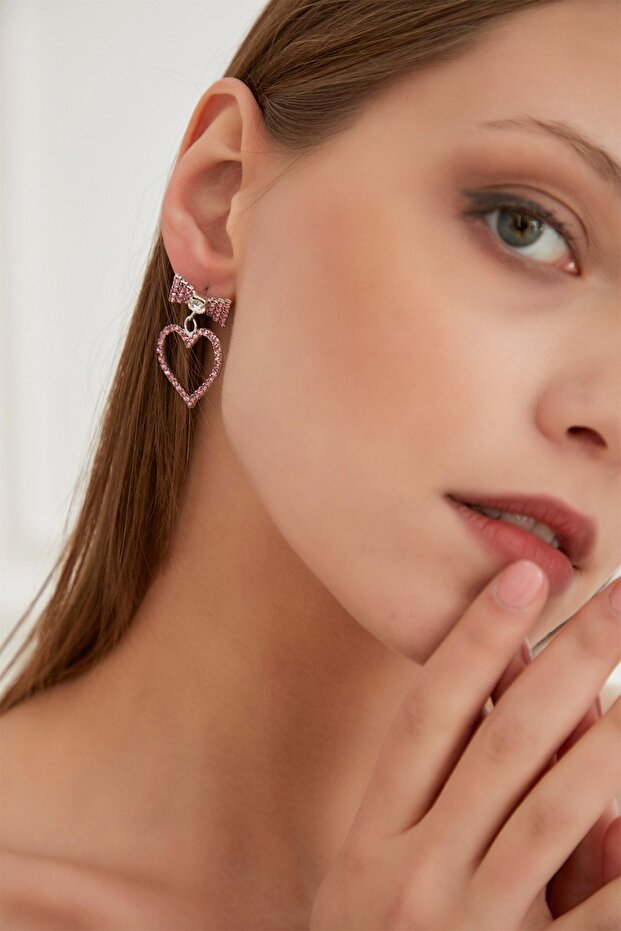 Pink Bow Heart Crystal Zircon Stone Earrings
