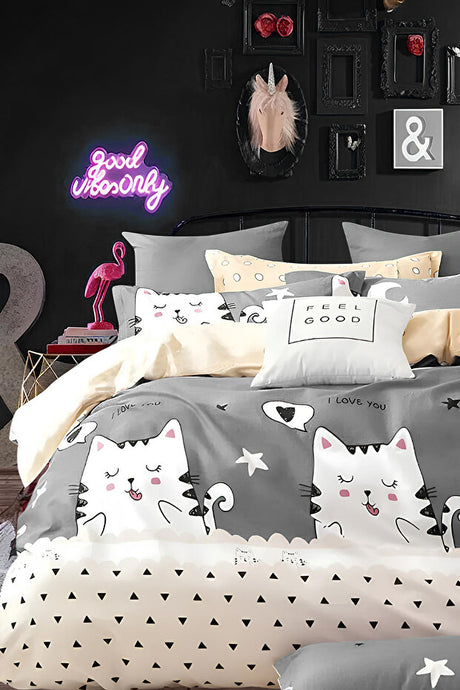 Cute Cat Double Duvet Cover Set - Grey, 200x220cm