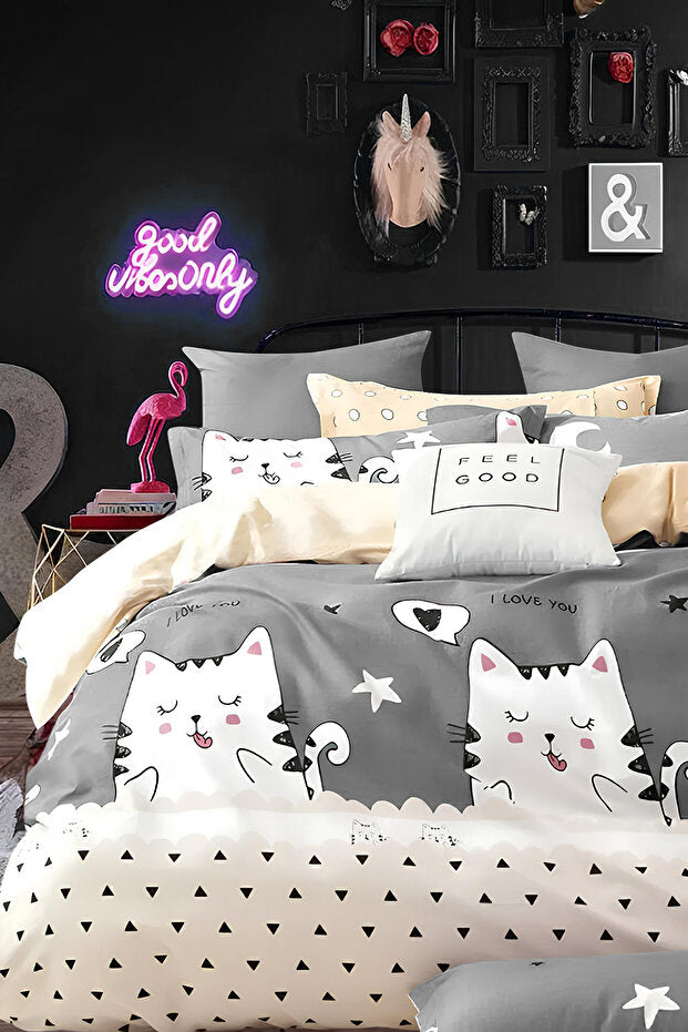 Cute Cat Double Duvet Cover Set - Grey, 200x220cm