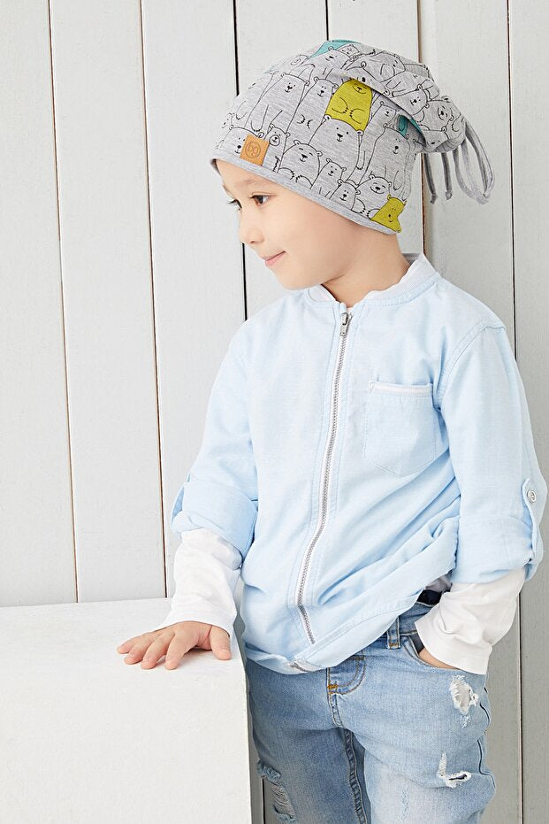 Kids' 4-Season Grey Bear Print Soft Cotton Beanie Hat