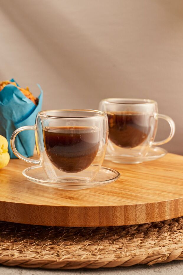 90ml Double Walled Coffee Cup Set - 2 Cups & 2 Saucers