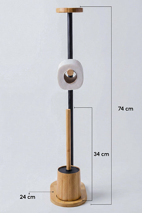 Freestanding Bamboo & Black Metal Toilet Paper Holder with WC Brush