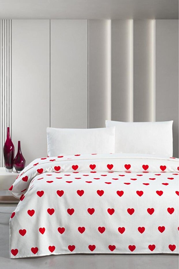 100% Cotton Double Pique Bedspread Set - Red Hearts 220x230cm