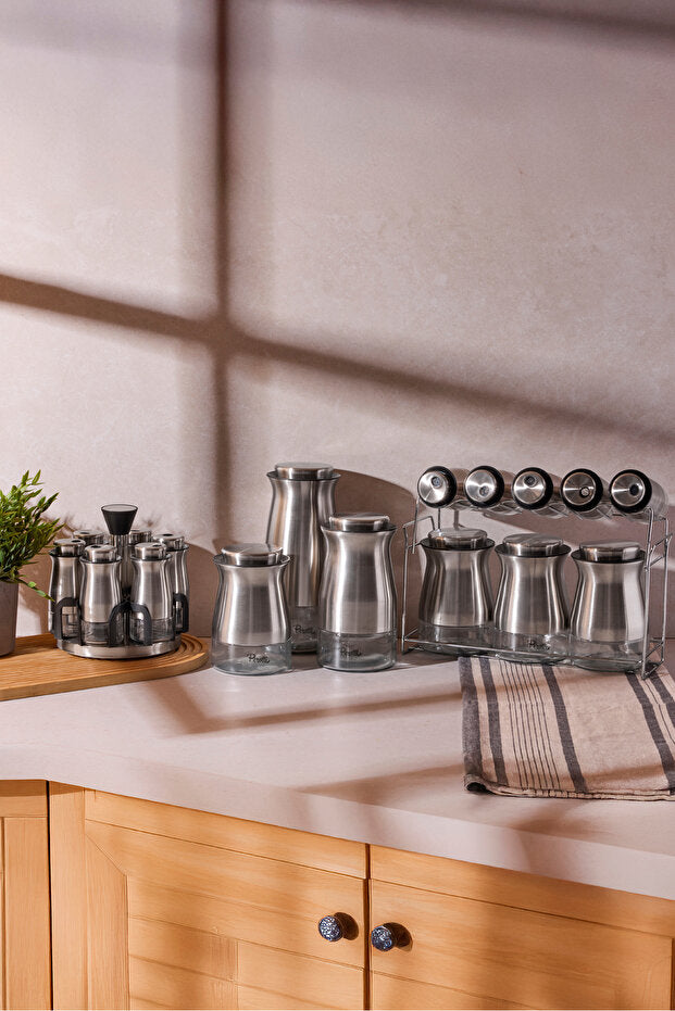 16-Piece Stainless Steel & Glass Spice Jar & Storage Set