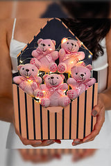 LED Light Pink Fluffy Plush Teddy Bear Bouquet - 5 Bears