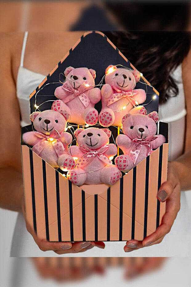 LED Light Pink Fluffy Plush Teddy Bear Bouquet - 5 Bears