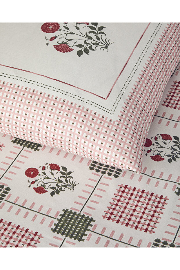 Floral Grid Cotton Double Duvet Cover Set   Rose Dry