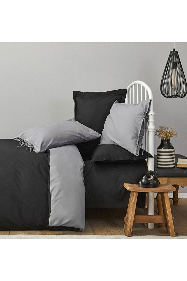 Double Size Reversible Duvet Cover Set - Black/Grey 100% Cotton