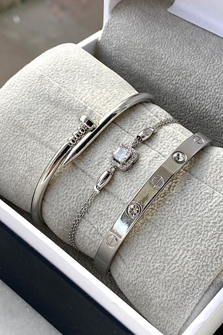 Women's 3-Piece Silver-Tone Steel Bracelet Set - Valentine's Gift