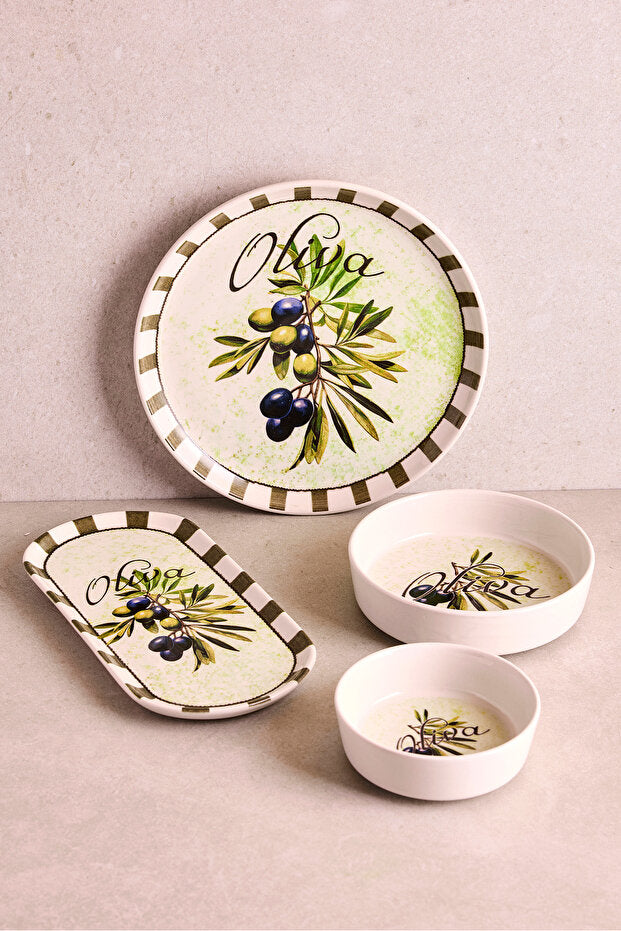 14 Piece Stackable Breakfast Set for 6 with Olive Motif & Sauce Bowls
