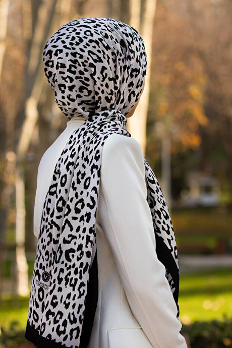 Luxury Medina Silk Shawl - Black & White Leopard Print