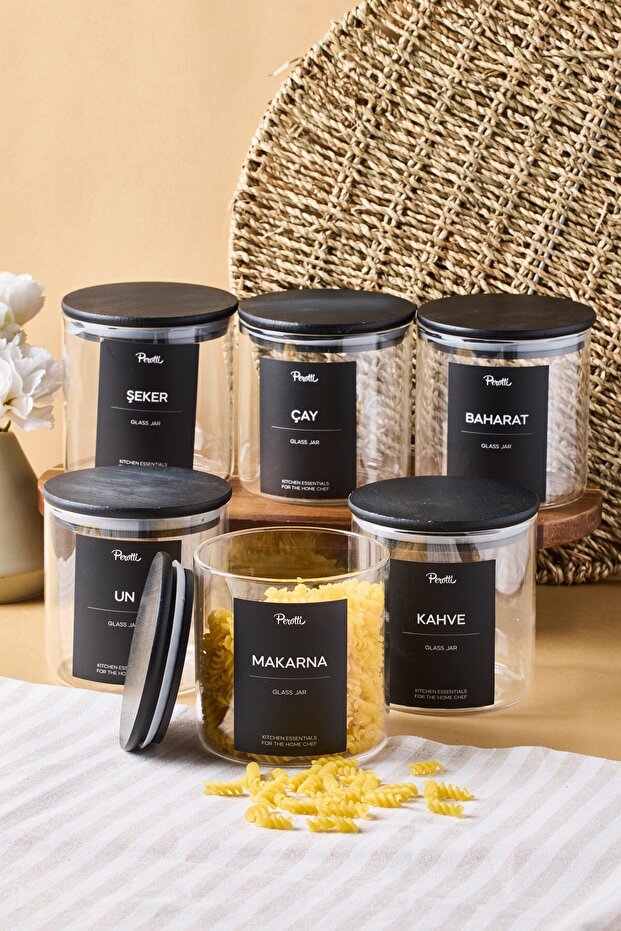 6-Piece 750ml Glass Storage Jars with Black Wooden Lids