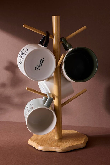 Bamboo Mug Tree Rack - Organic Base, 6 Hooks for Kitchen Storage