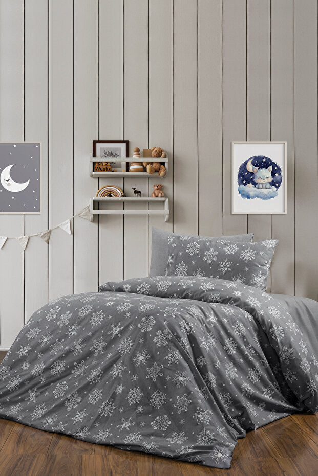 Single Snowflake 4-Piece Duvet Cover Set - Grey