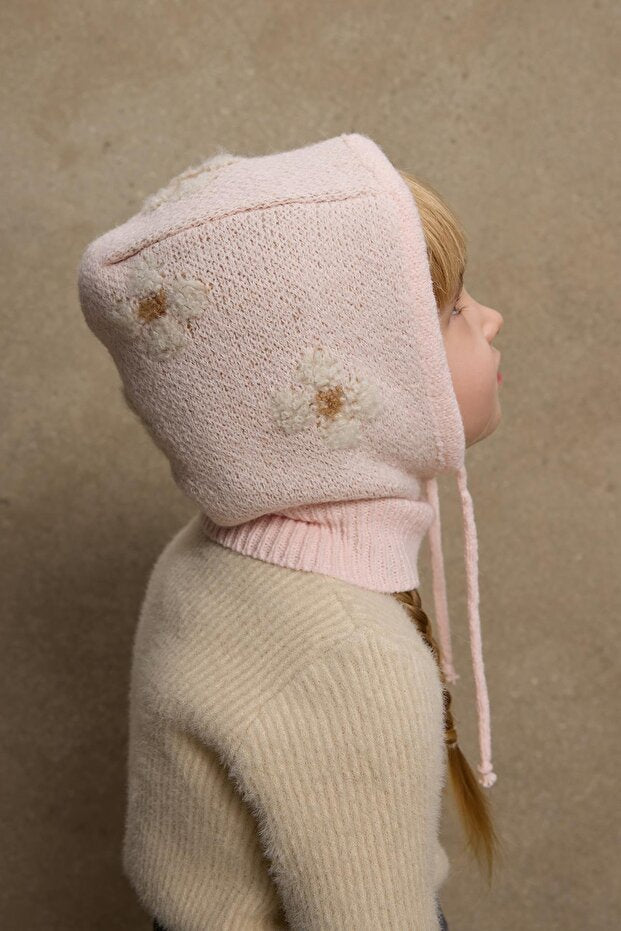Strick-Balaclava-Mütze - Pinke Blumen