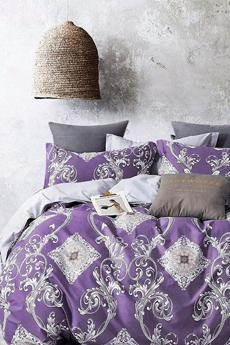 Hanedan Purple Double Duvet Cover Set with Fitted Sheet