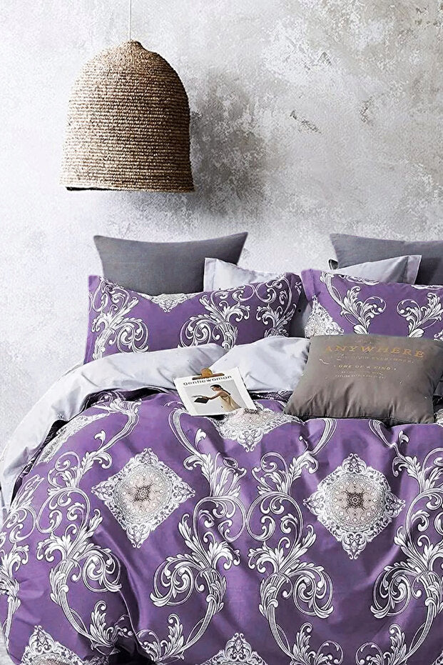 Hanedan Purple Double Duvet Cover Set with Fitted Sheet