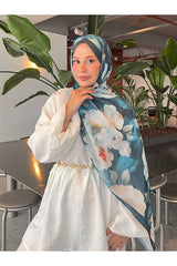 Retro Floral Cotton Shawl - Turquoise & White Flowers