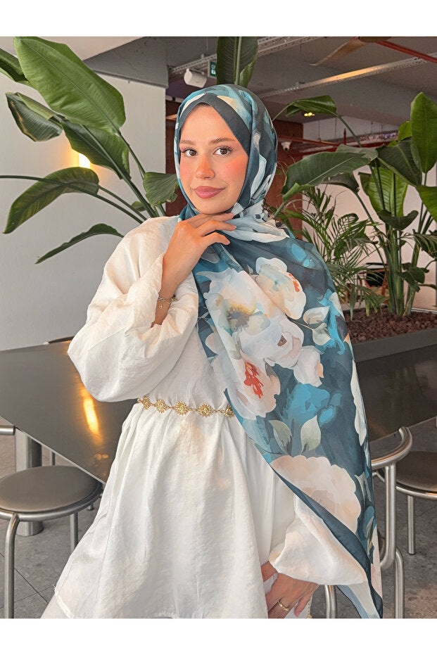Retro Floral Cotton Shawl - Turquoise & White Flowers
