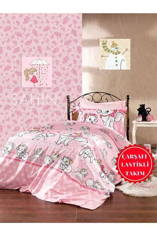 Girl's Marie Cat Single Duvet Cover Set with Fitted Sheet