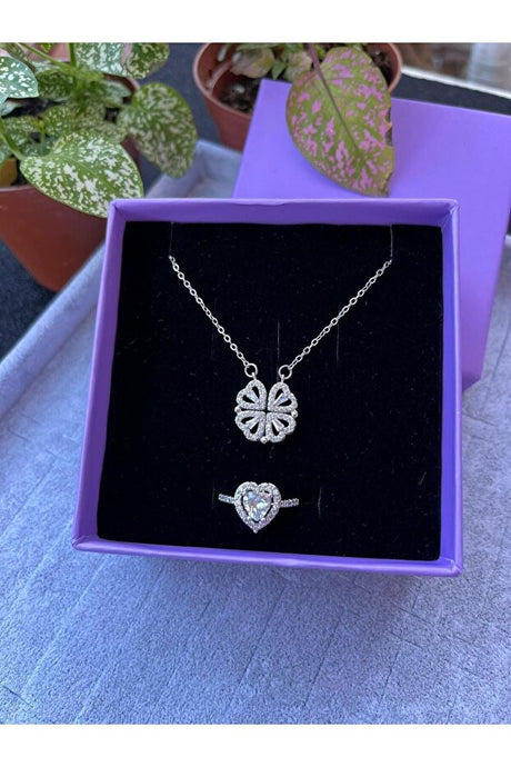 Steel Heart Clover Necklace & Heart Ring Set - Valentine's Gift