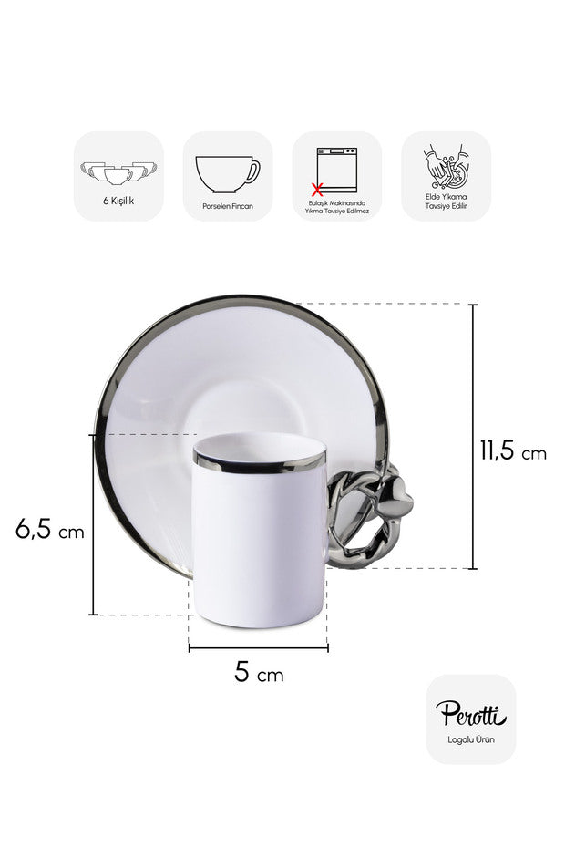 Elegant 6-Person Porcelain Coffee Cup Set with Silver Handles