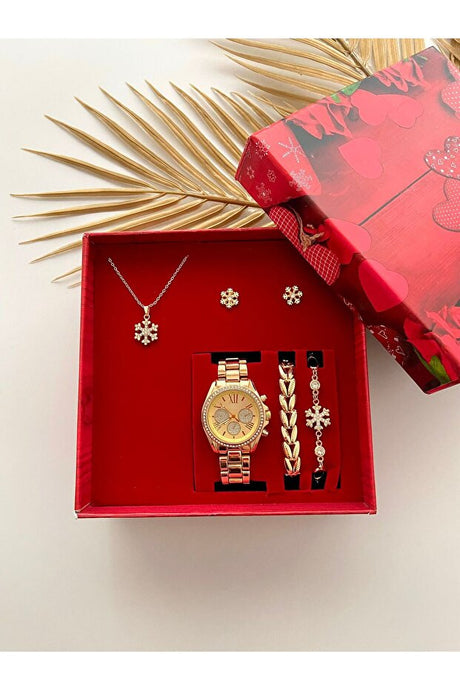Women's Gold Tone Watch & Snowflake Jewelry Gift Set