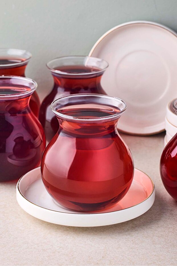 Gold Detailed Glass Tea Set - 6 Person, 12 Pieces, 210ml