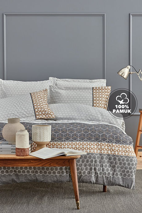 Taren Ranforce Double Duvet Cover Set - 100% Cotton, Grey Geometric