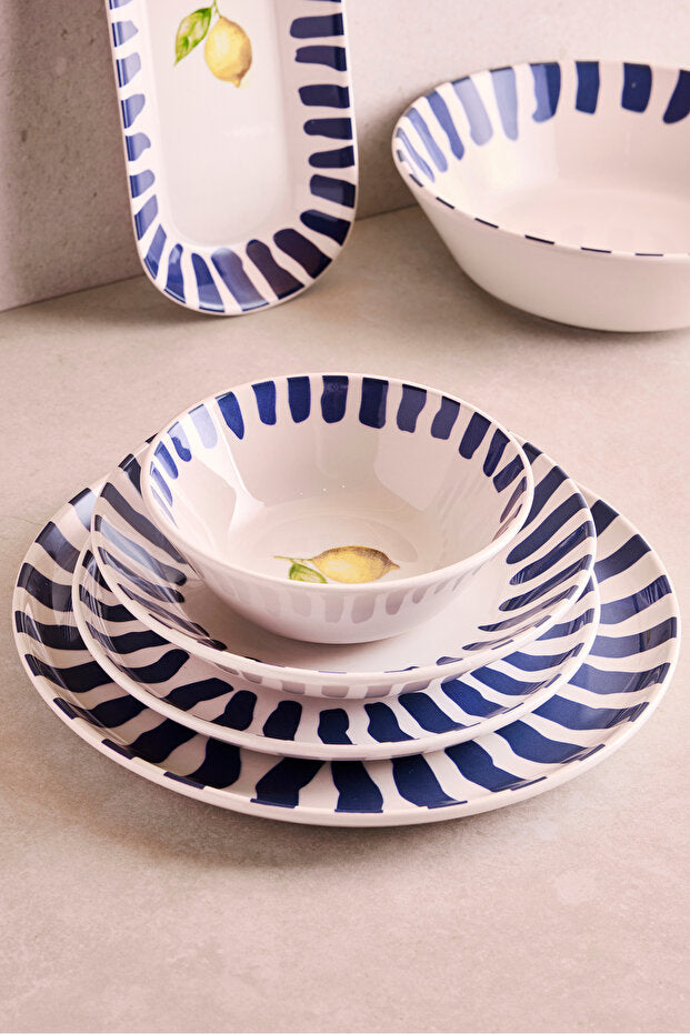 27-Piece 6-Person Ceramic Dinnerware Set - Lemon & Blue Stripe Design