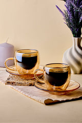 Amber Double-Walled Glass Coffee Cup Set - 90ml x 2 (4 Pieces)